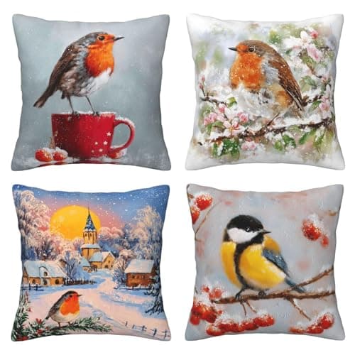 oyebn Winter Bird Throw Pillow Covers Set of 4 Decorative Soft Double Sided Print Pillow Case Farmhouse Home Decor for Living Room Sofa Couch 18x18