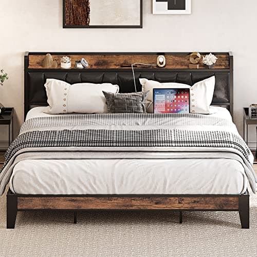 LIKIMIO King Bed Frame, Storag...y Assembly (Vintage and Black)