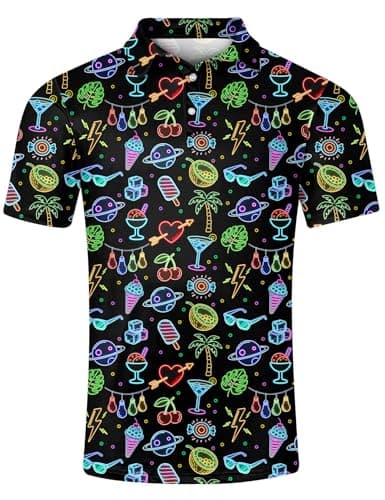 Fanient Men's Neon Polo Golf Shirt Martini Glass Tropical Leaves Monstera Fun Symbols Polo Shirts Dry Fit Moisture Wicking Performance Short Sleeve L