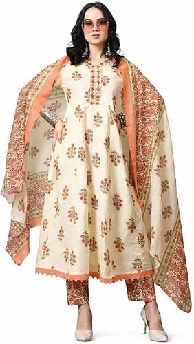 RETRO RETREAT COIN Women's Rayon Printed Embrodriery Anarkali Kurta With Palazzo & Dupatta Set (US, Alpha, Medium, Regular, Regular, Peach)