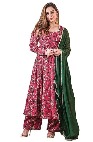 Janasya Indian Women's Georgette Floral Print Festive Wear Kurta Set for Women Pink