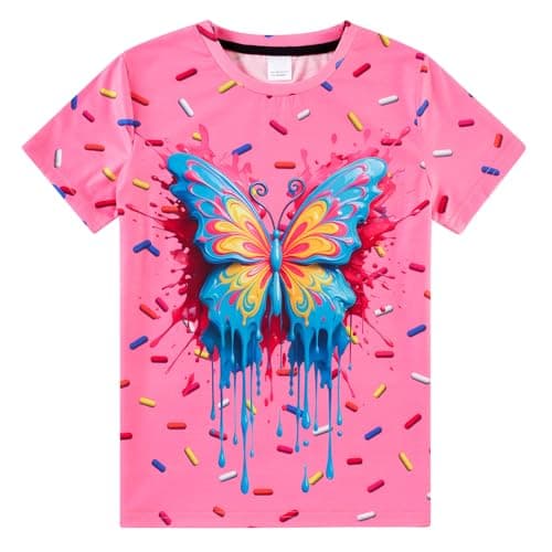 Funnycokid Girls Shirts Size 7-8 Butterflies T Shirt Kids Animal Print Clothes Short Sleeve Pink Tee 7 8 Years