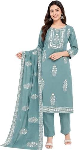 JVSP FASHION Women Pure Cotton Printed Kurta Pant Dupatta Set | Ethnic Straight Kurti Suit Set for Women | 3 Piece Traditional Indian Outfit | Sizes XXL Teal Blue