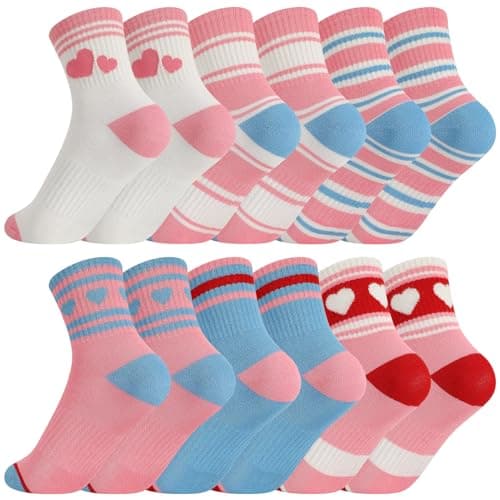 Jspupifip 6 Pairs Kids Girls Blue Pink White Crew Athletic Socks with Retro Stripes Hearts for Running Sport Outdoor 3-6