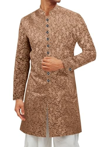 Runcati Mens Kurta Sherwani Coats Kaftan Indian Ethnic Royal Suits Mandarin Collar Wedding Festive Party Blazer Light Brown