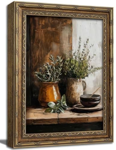 Gold Framed Wall Art Vintage Kitchen Herbs Wall Art Rustic Farmhouse Kitchen Still Life Wall Decor Picture Moody Country Cottage Botanical Poster Print for Dining Room 9x11in