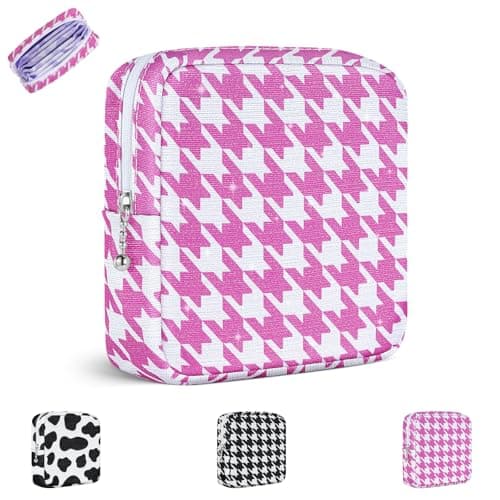 Playexen Period Bag for Teen Girls, Sanitary Napkin Storage Bag with Zipper, Shark Week Pouches Menstrual Pad Tampon Holder for Purse (Glitter-Pink Plaid)