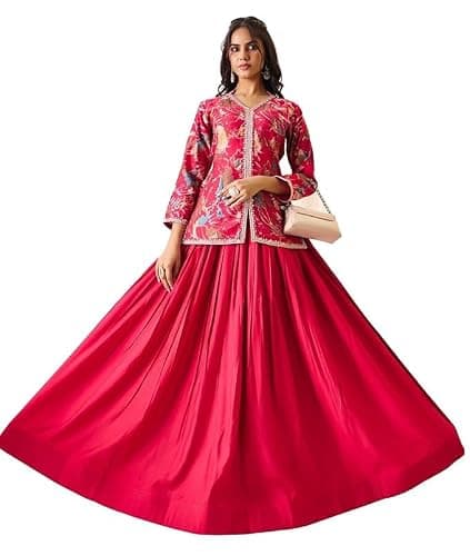 madhuram textiles Women’s Printed Dress with V-Neck and Embroidery | Vatican Print Top and Skirt Style Ethnic Dress for Festive Wear (US, Alpha, Large, Regular, Regular, Pink)