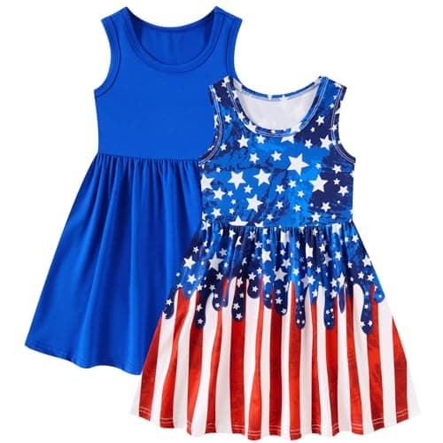 Funnycokid Toddler Girls Dress 2T 3T Kids 4th of July Patriotic Clothes Flag Red Blue White 2-3 Years Sleeveless 2 Pack