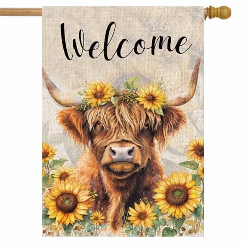 Welcome Spring Highland Cow House Flag 28x40 Double Sided for Outside, Burlap Yard Flag Spring Flower Sunflower for Farmhouse Holiday Outdoor Decor