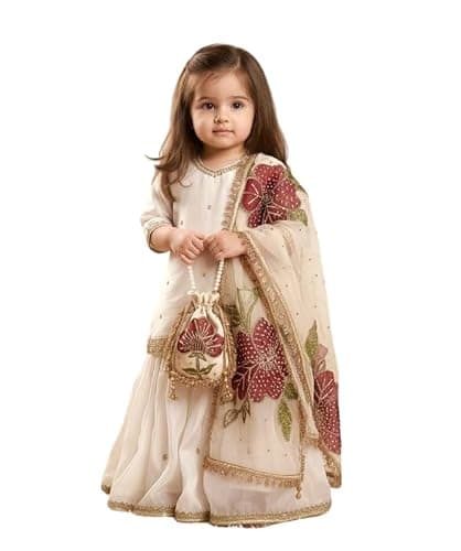 Cholista Girls festivle Special Salwar Kameez Set with Dupatta Kids Ethnic Wear Kurta Sharara Suit. (off white, 3-5 years)