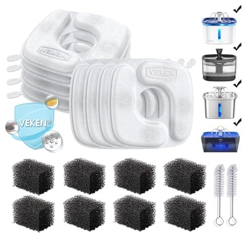 Veken Cat Water Fountain Filters, 8 Pack Replacement Filters & 8 Pack Replacement Pre-Filter Sponges Set for 50oz, 84oz, 95oz or 108oz Automatic Pet Fountain Dog Water Dispenser