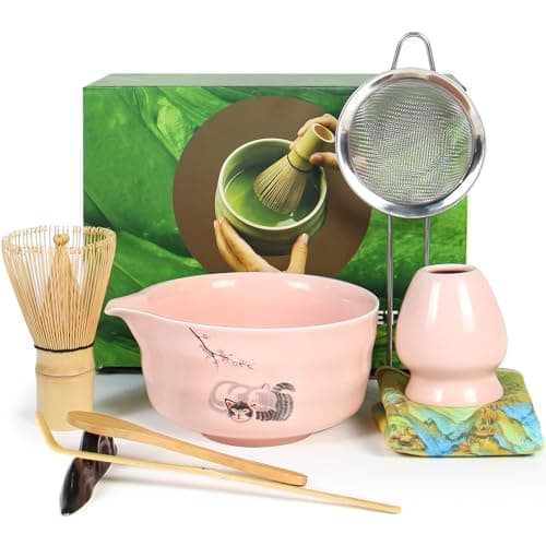 Matcha Whisk Set, Ceremonial Grade Pink Matcha Set, Premium Japanese Matcha Kit with Bamboo Whisk for Matcha Tea, Mixing Bowl, Scoop, Sifter and Matcha Whisk Holder