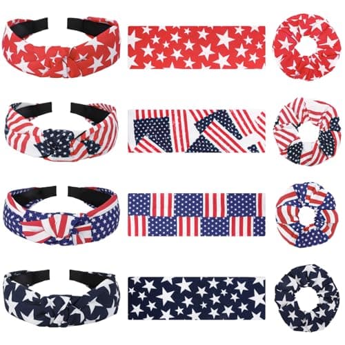 ZhouBoat 12 Pcs 4th of July Headbands Hair Scrunchies Set Patriotic Independence Day USA Flag Knotted Headband Wide Hair Band Hair Hoops for Women Girls Hair Accessories, Multicolor