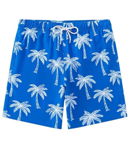 Aueyan Palm Tree Swim Trunks Boys Swim Shorts Size 14-16 Blue Bathing Suit Beach Board Shorts with Lining Pockets and Drawstring