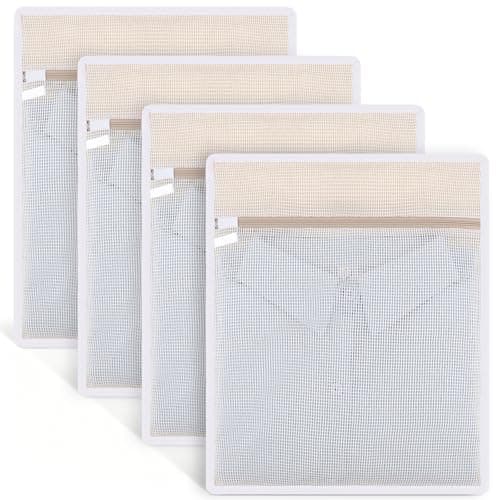 Dntorx 4 Pack Durable Cotton Mesh Laundry Bags for Delicates - 12×16inch Laundry Bags Mesh Wash Bags with Sturdy Zipper for Underwear Bras Socks Clothes Storage Natural Cotton Washing Machine Safe