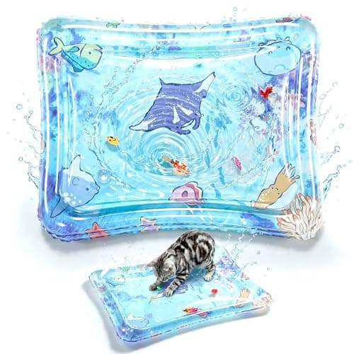 PURETOY Cat Water Mat, Interactive TPU Thickened Water Bed with Glowing Fish, Hot & Cold Reusable Cooling Pad for Cats, Enrichment Sensory Toy for Exercise & Hunting
