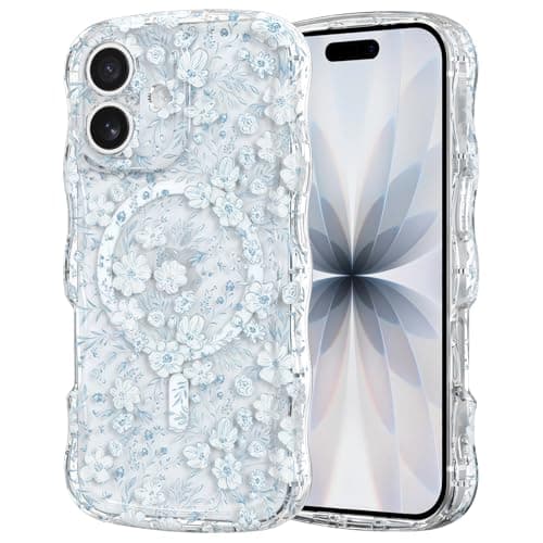 RALEAVO for iPhone 17 Case Cute Floral Pattern Design [Compatible with Magsafe] Clear Curly Wave Frame Cover for Women,Acrylic Shockproof Anti-Slip Case for iPhone 17,Blue Flowers