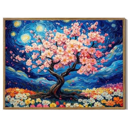 Framed Canvas Wall Art Prints Oil Painting Peach Blossom Aesthetic Room Decor Starry Sky Floral Abstract Poster Pictures Prints for Bathroom, Bedroom LivingRoom 8×10inch