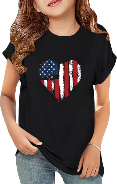 ZDC Girls USA 4th of July Short Sleeve T Shirts Kids Crewneck Curve Hem Soft Tunic Tops Summer Tees 5-14 Years
