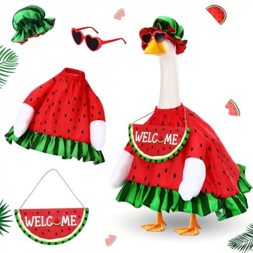 Sunnymove Summer Watermelon Porch Goose Outfits Summer Dress with Frilled Hat & Skirt Welcome Wooden Sign Fits 23" Cement Goose Statue Outdoor Garden Yard Patio Lawn Decor(Watermelon)