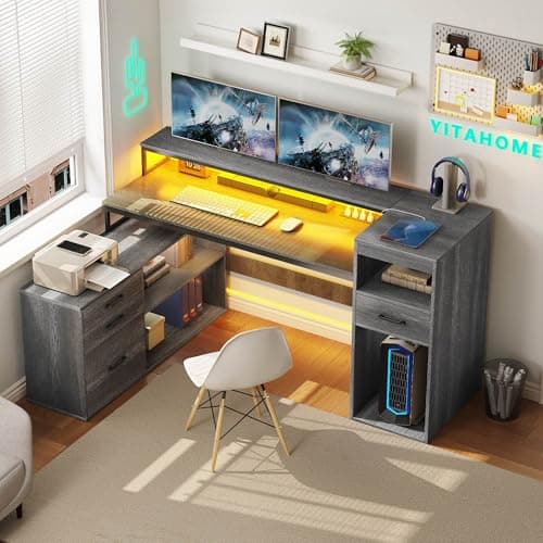 YITAHOME L Shaped Desk with Dr...st Stand for Home Office, Grey