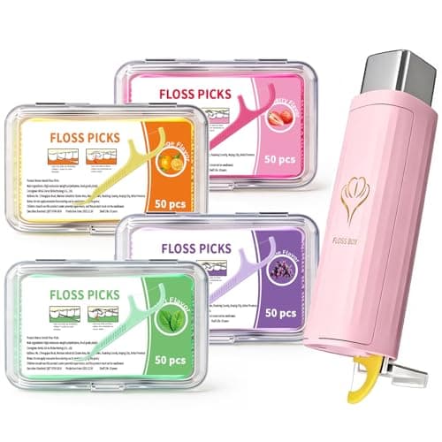 Flavored Floss Picks with Portable Dental Floss Case(Pink) - Dental Floss Picks for Teeth with Fun Fruit Flavors -Strawberry,Grape,Grapefruit, Mint - Shred-Resistant Teeth Cleaning Picks for Travel