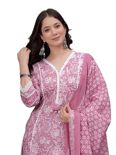 Women's Pure Cotton Printed Straight Kurta Set with Palazzo Pants & Dupatta - Indian Ethnic Traditional Wear Kurta Set (US, Alpha, Large, Regular, Regular, Pink)