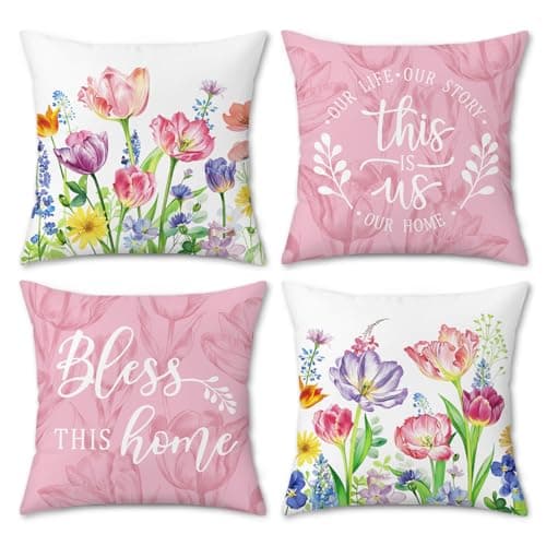 Bonhause Pink Purple Tulips Floral Throw Pillow Covers 18 x 18 Inch Spring Summer Flowers Leaves Decorative Pillows Case Soft Velvet Cushion Covers for Outdoor Couch Sofa Garden Decor Set of 4