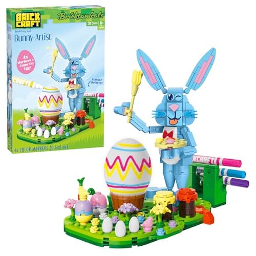 Brickcraft Bricktanicals Bunny Artist Building Brick Set - 310 Piece Easter Rabbit Kit with 4 Color Markers Egg Decorating Spring Decor Display Kids Arts Crafts Activity Ages 8+ Gift for Boys Girls
