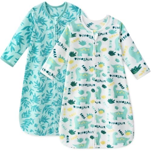 Unnivoll Baby Sleep Sack 6-12 Months Long Sleeve 1.0 Tog Micro Fleece Baby Wearable Blanket Microfleece Sleeping Sack with 2-Way Zipper for Newborn Infant Green & White Dinosaur