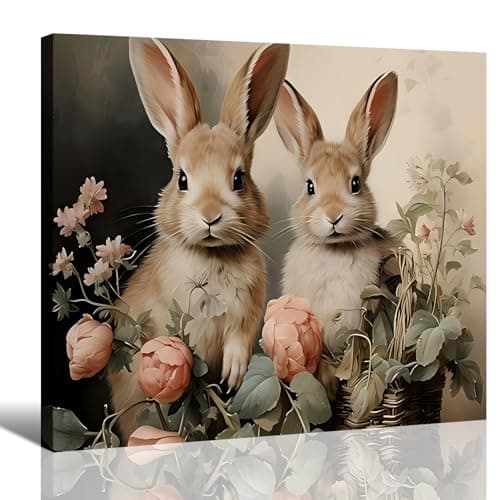 Vintage Festive Easter Bunny Canvas Wall Art 8x12, Framed Cozy Spring Prints Pictures, Easter Rabbit Canvas Artwork for Bedroom, Living Room, Office, Rustic Farmhouse Home Wall Decor