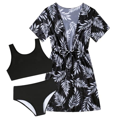 Enlifety Kids Swimsuit Size 11 12 Girls Palm Leaves Bathing Suit 3 Piece Black Bikini with Cover Up