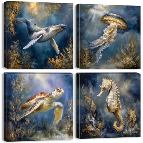 Ocean Animals Wall Art Sea Turtle Whale Seahorse Jellyfish Pictures Beach Coastal Room Decor Nautical Paintings Canvas Prints for Bathroom Under Sea World Posters Artwork Decoration 12x12” 4Pcs