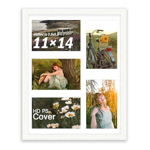 An&He 11x14 Collage Frame, Displays 5 Photos in 4x6 Size, Wooden Multi-Photo Frame with Clear PS Panel for Horizontal or Vertical Display - White