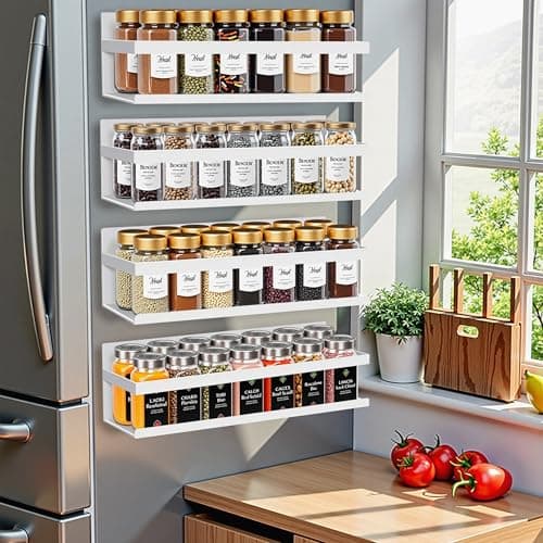 SMRCAD Magnetic Spice Rack for Refrigerator, 4pack Magnetic Shelf for Fridge Space Saving Seasoning Organizer for Any Metal Surface No Drilling Needed (WHITE -cut out, 4pack)