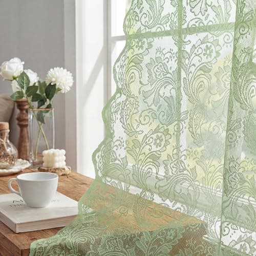 Horaldaily Sage Green Flower Lace Curtains for Living Room Bedroom, Farmhouse Boho Floral Lace Curtains, Rod Pocket, Light Filtering, Vintage Sheer Drapes, 52" W x 84" L, 2 Panels