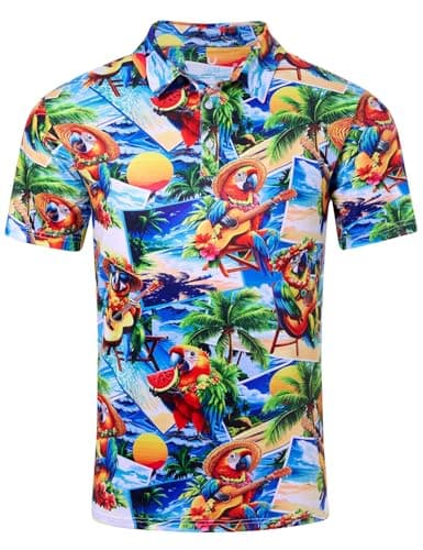 uideazone Mens Funny Polo Shirt Hawaiian Parrot Dry Fit Golf Short Sleeve for Casual Beach Vacation XL
