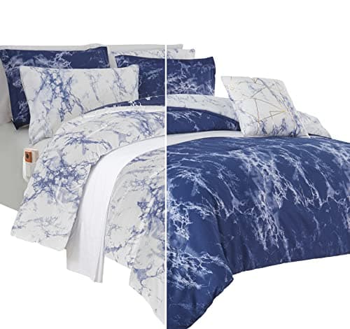Elegant Comfort Reversible 10-...10pc Marble, Queen, Navy/White