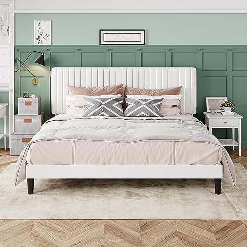 Allewie King Bed Frame, Velvet...onal, Easy Assembly, Off-White