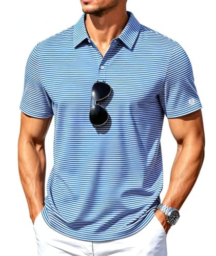 ZITY Mens Golf Shirt Short Sleeve UPF 50+ Performance Moisture Wicking Casual Striped Collared Polo Shirts L