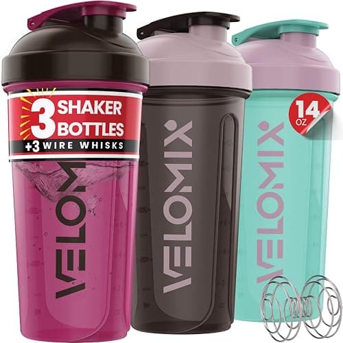 VELOMIX 3 Pack 14 oz Protein Shaker Bottle for Mixes - 3 Wire Whisk Balls | Stackable Leak Proof Cups | Dishwasher Safe, BPA-Free (Mixed Colors)