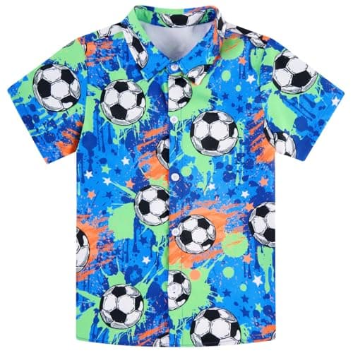 uideazone Boys Size 7-8 Graffiti Hawaiian Button Down Shirts Kids Soccer Ball Print Short Sleeve Shirt Sporty Soccer Fan Shirt Ideal for World Cup,Game Days,Summer Playwear