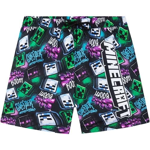 Minecraft Boys Swim Trunks, Shorts with Mesh Lining, UPF 50 Swimsuit, Beach Pool Bathing Suit, Gamer Swimwear 7–14Y (7-8 Years, Purple/Multi Minecraft)