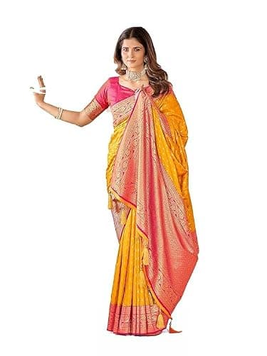 Surat Saree Collection Cotton Banarasi Silk Saree for Women With Unstitched Blouse Piece (Yellow and Pink)