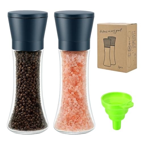 R DRURLCD Stone Blue Salt and Pepper Grinder Set of 2 - Adjustable Ceramic Grinder - Glass Salt and Pepper Shakers With Funnel- Spice Mill Kitchen Accessories