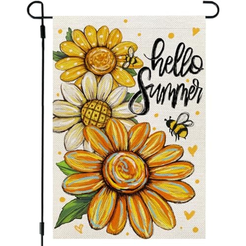 CROWNED BEAUTY Hello Summer Garden Flag Sunflowers 12x18 Inch Double Sided Small Floral Seasonal Holiday Decoration for Outside Yard