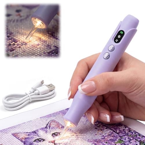 Electric Diamond Painting Pen with Light, Diamond Art Kits for Adults, Cordless, 2 Adjustable Suction Levels, Rechargeable, Vacuum Diamond Art Pen with Ergonomic Grip, Low Noise, No Wax Needed（Purpe）