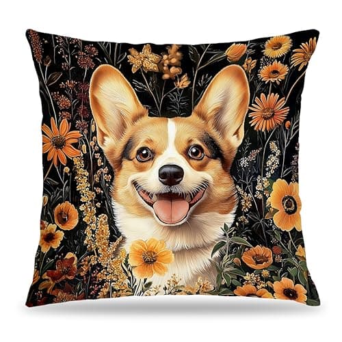 FITIE William Morris Inspired-Vintage Floral Corgi Pillow Covers 18x18, Corgi Lovers Mom Gifts, Moody Dark Cottagecore Botanical Corgy Dog Decorative Pillow Covers for Home Living Room Bedroom