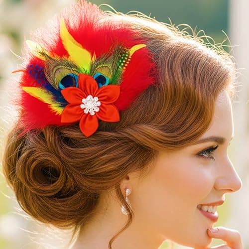 Yokawe 1920s Gatsby Peacock Feather Hair Clip with Red Satin Flower & Rhinestone,Vintage Flapper Headpiece for Parties, Proms